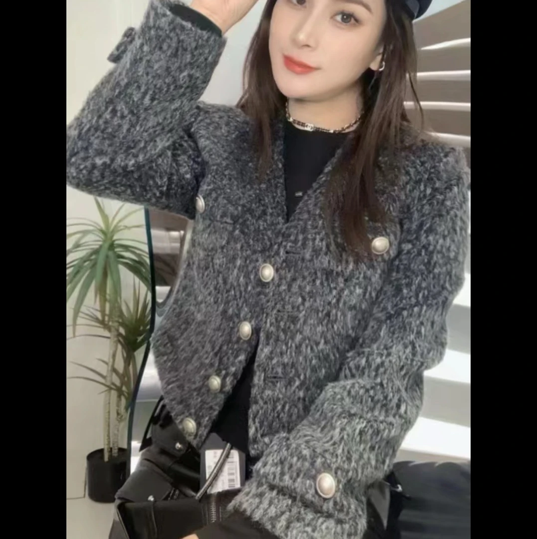 【玫瑰缘】欧货冬款设计师百搭气质秋冬短款淑女小香风V领长毛外套