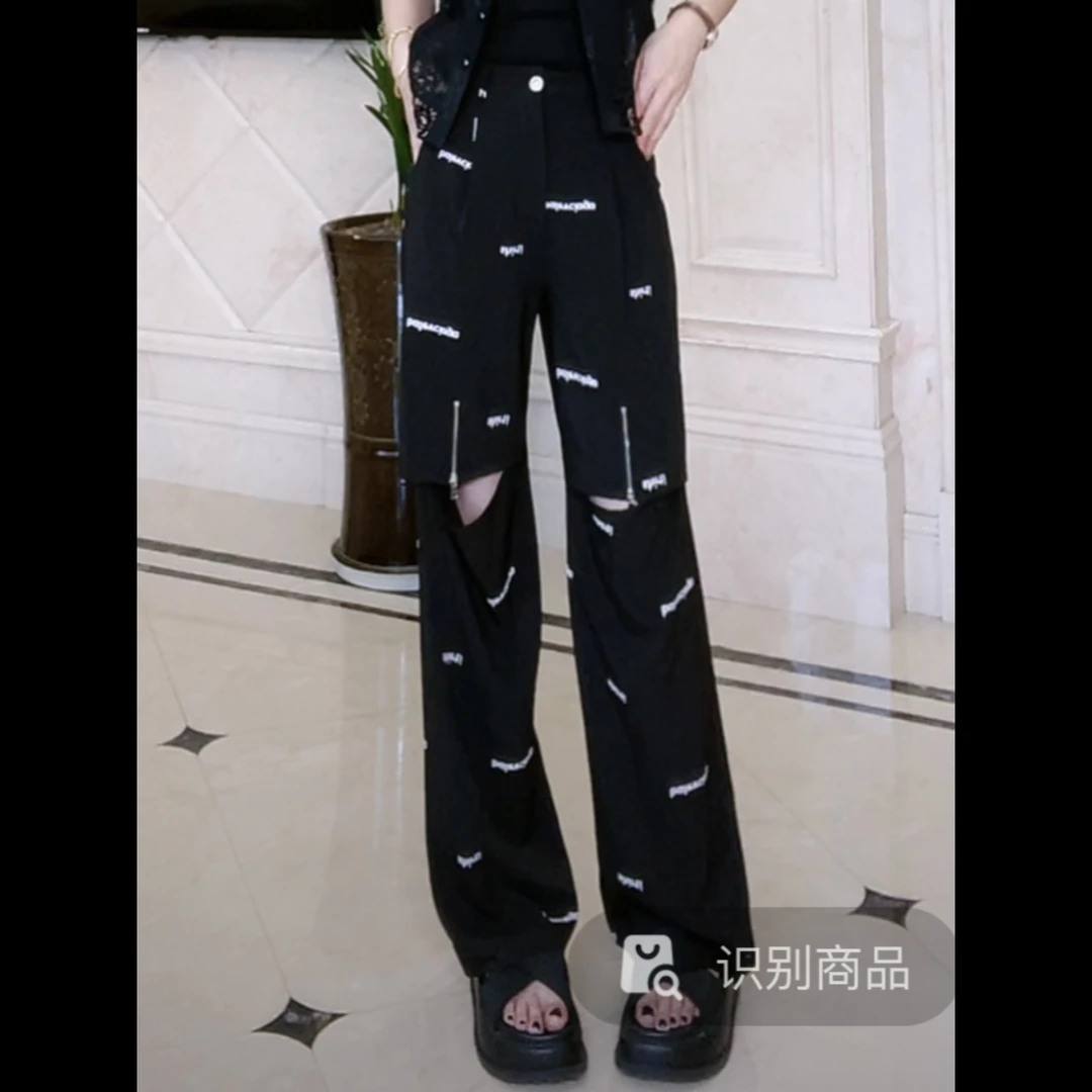 【玫瑰缘】欧货字母膝盖破洞设计师百搭显瘦时尚网红气质中腰直筒裤