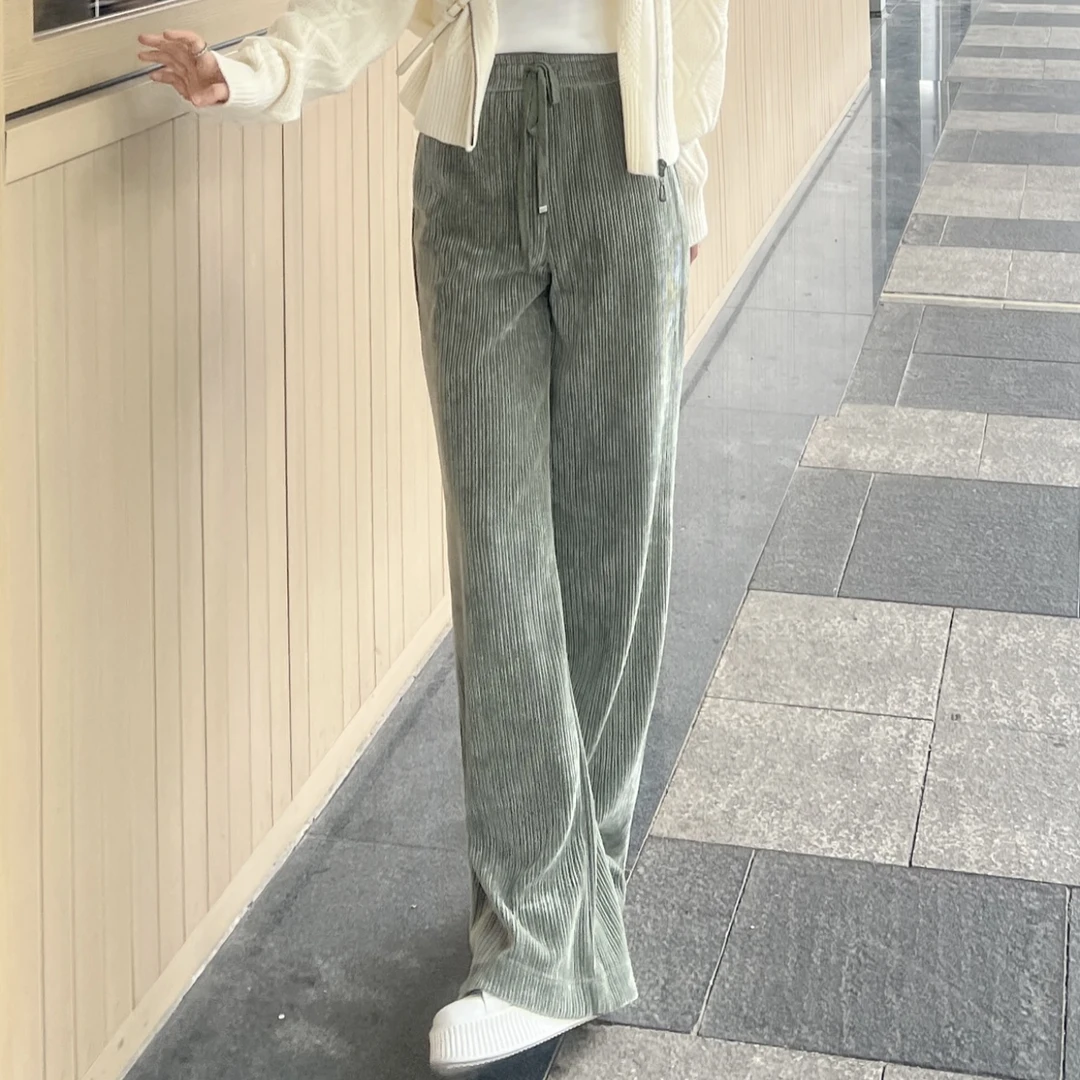 GIRDEAR/哥弟新款高腰显瘦抽绳设计百搭雪尼尔裤直筒裤1100280