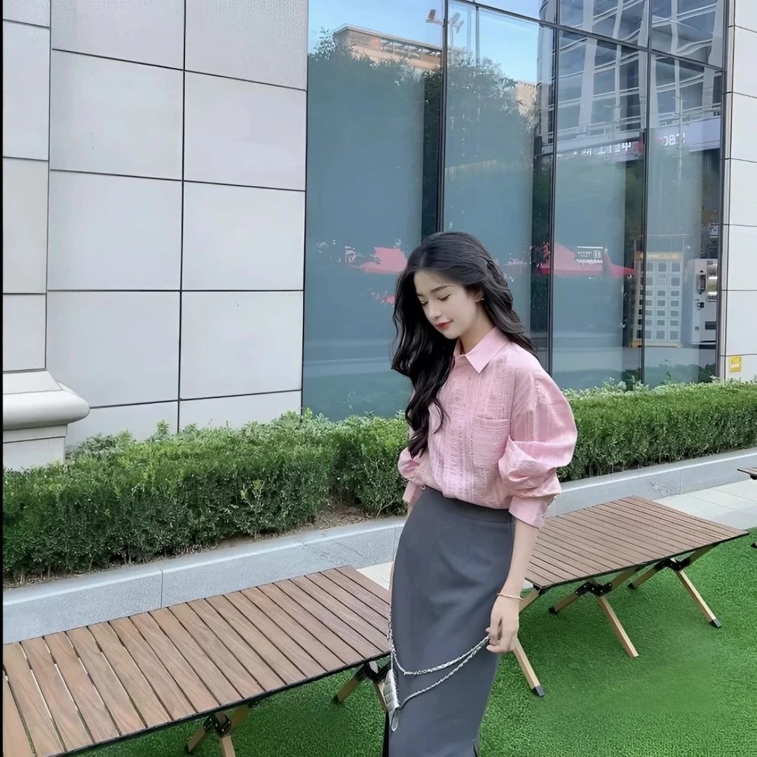 GIRDEAR/哥弟「粉雾漫漫」设计感长袖休闲宽松学院风衬衫1300989