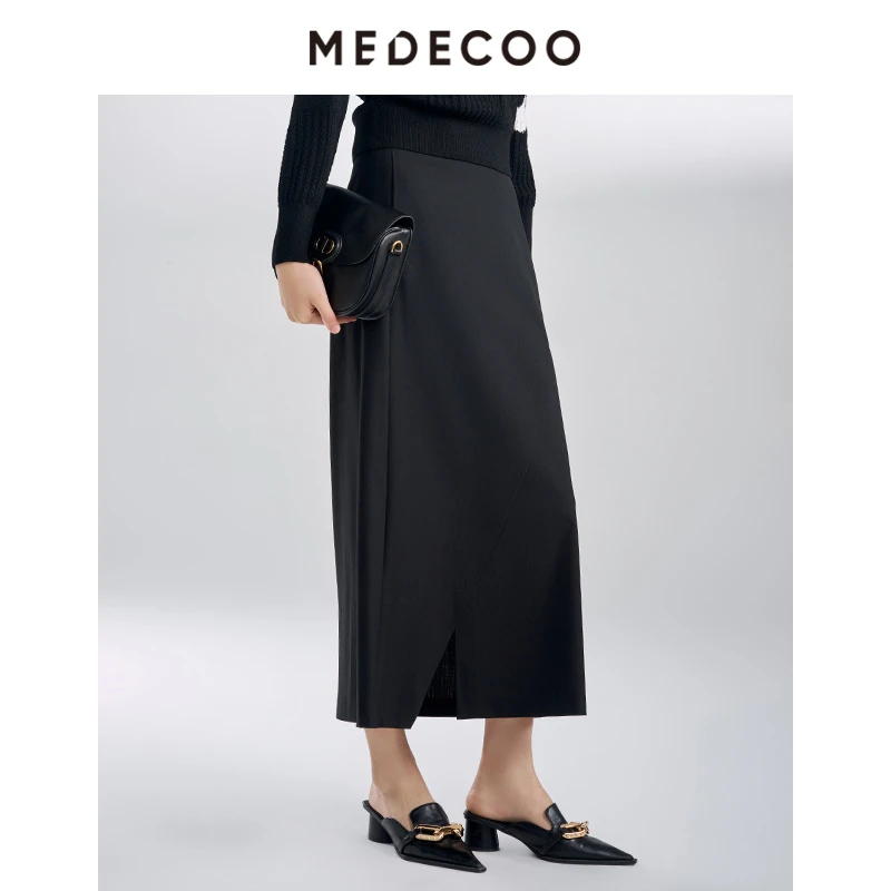 MEDECOO/墨蒂珂开叉叠摆长款直筒西装半身裙MIC70206