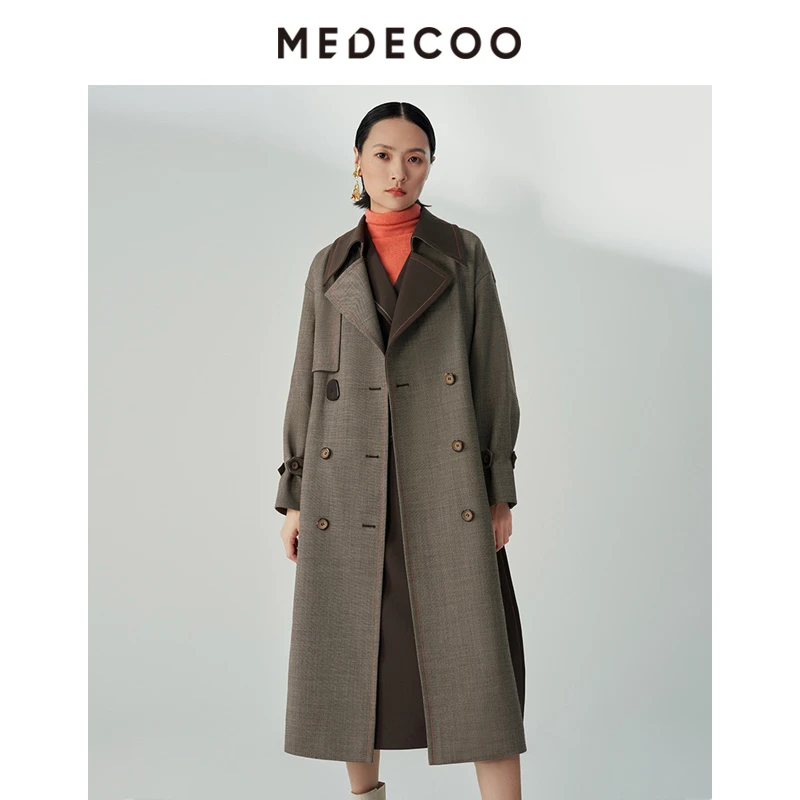 【晨粉专享价】墨蒂珂冬时尚撞色格纹修身长款大衣MHD20307