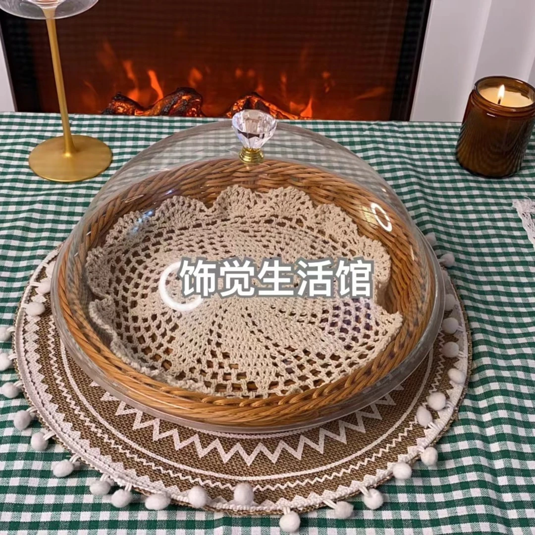 30cm家用带盖竹圆形编馕框点心盘面包篮