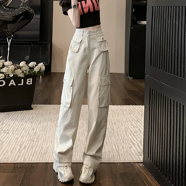 沙白色美式工装裤女高腰2025夏季新款复古宽松显瘦窄版直筒阔腿裤