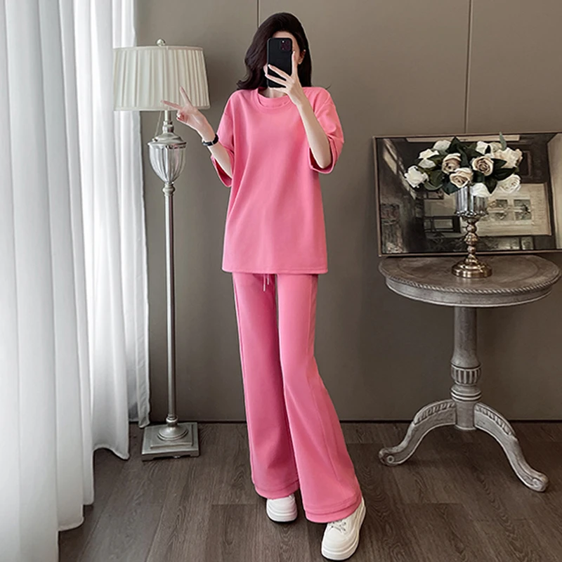 粉色休闲运动套装女夏季时髦洋气显瘦宽松T恤高腰直筒裤两件套潮