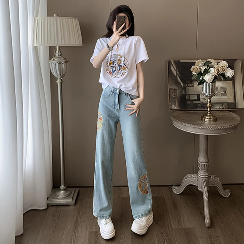 新中式国风休闲运动套装女夏季时尚洋气减龄盘扣T恤牛仔裤两件套