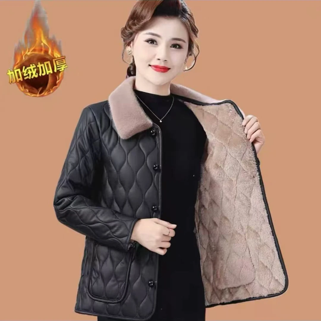 妈妈装皮衣免洗外套大码秋冬加绒中老年冬季保暖短款棉衣上衣洋气