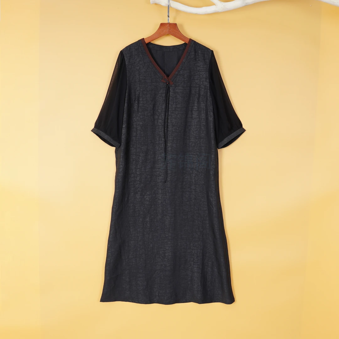 469-9-8173桑蚕丝龟裂纹休闲新中式连衣裙中国风气质宽松连衣裙