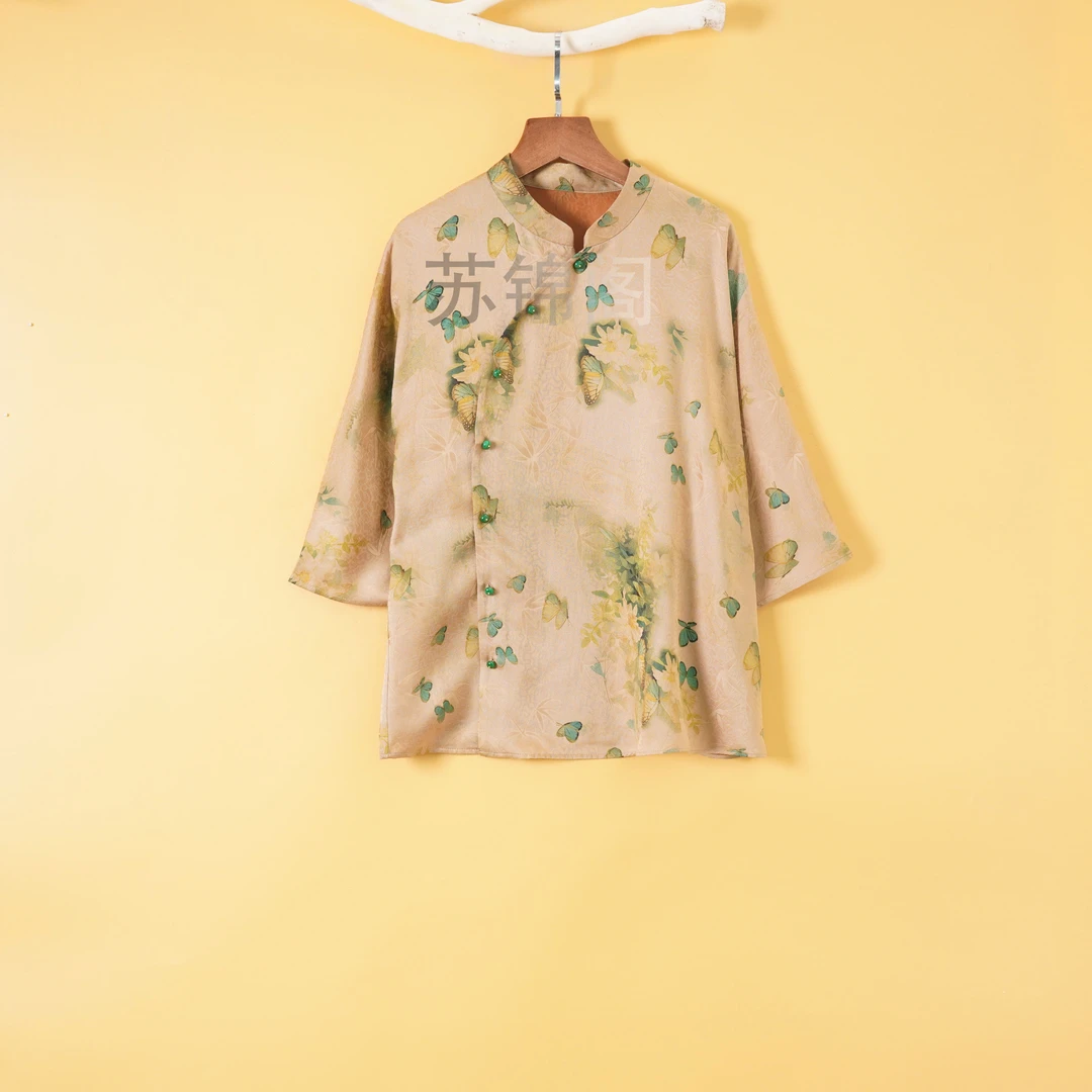 1135-16635百分百桑蚕丝高品质高端香云纱花萝新中式新款衬衫