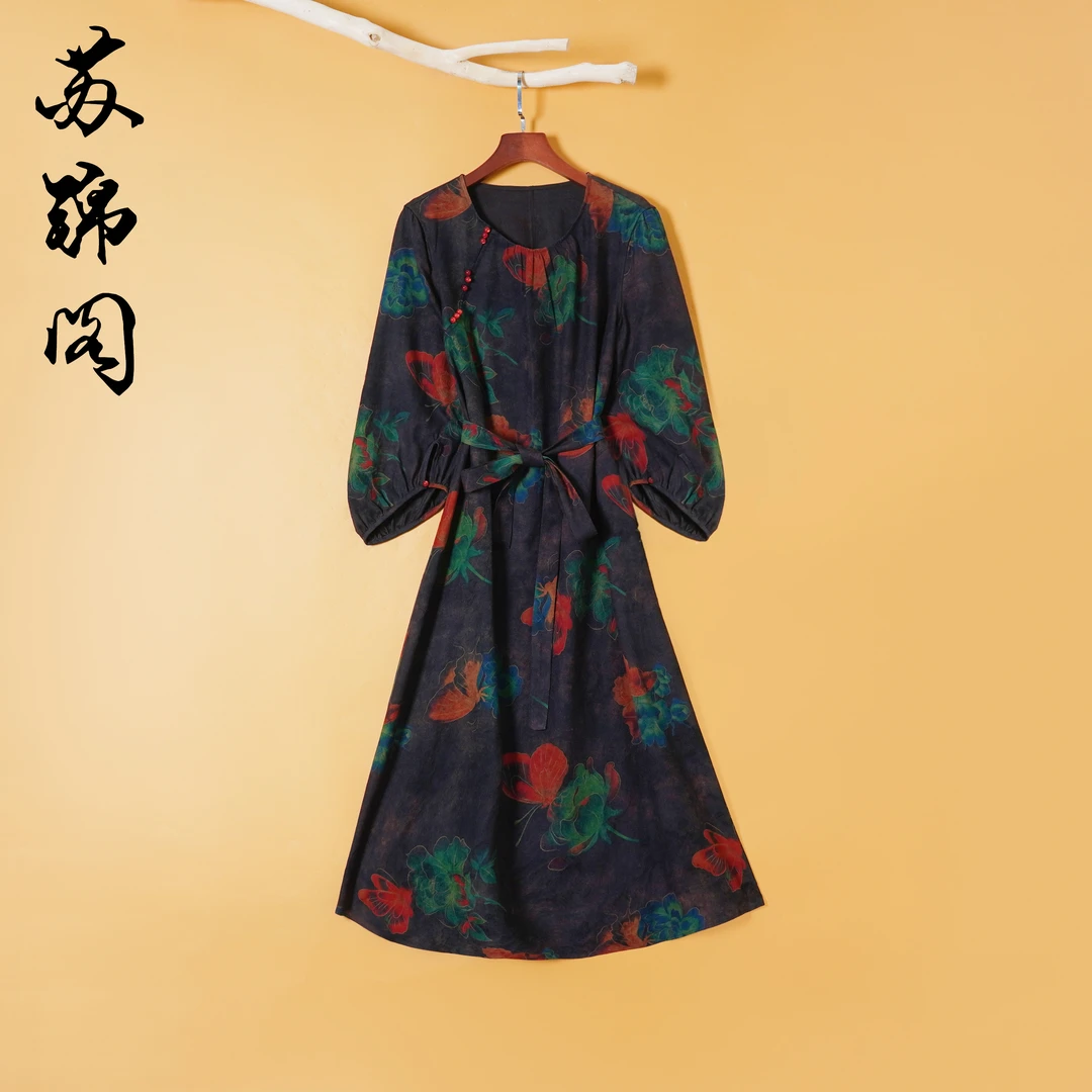 1704-86363新款高档高端百分百桑蚕丝香云纱连衣裙上档次气质高贵