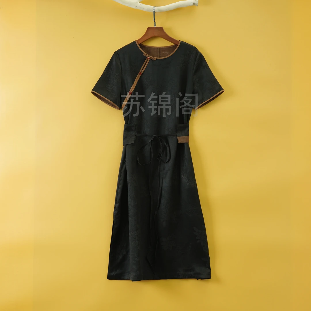 557-5-2F468香云纱桑蚕丝2024爆款桑蚕丝女装连衣裙国风印花拼接