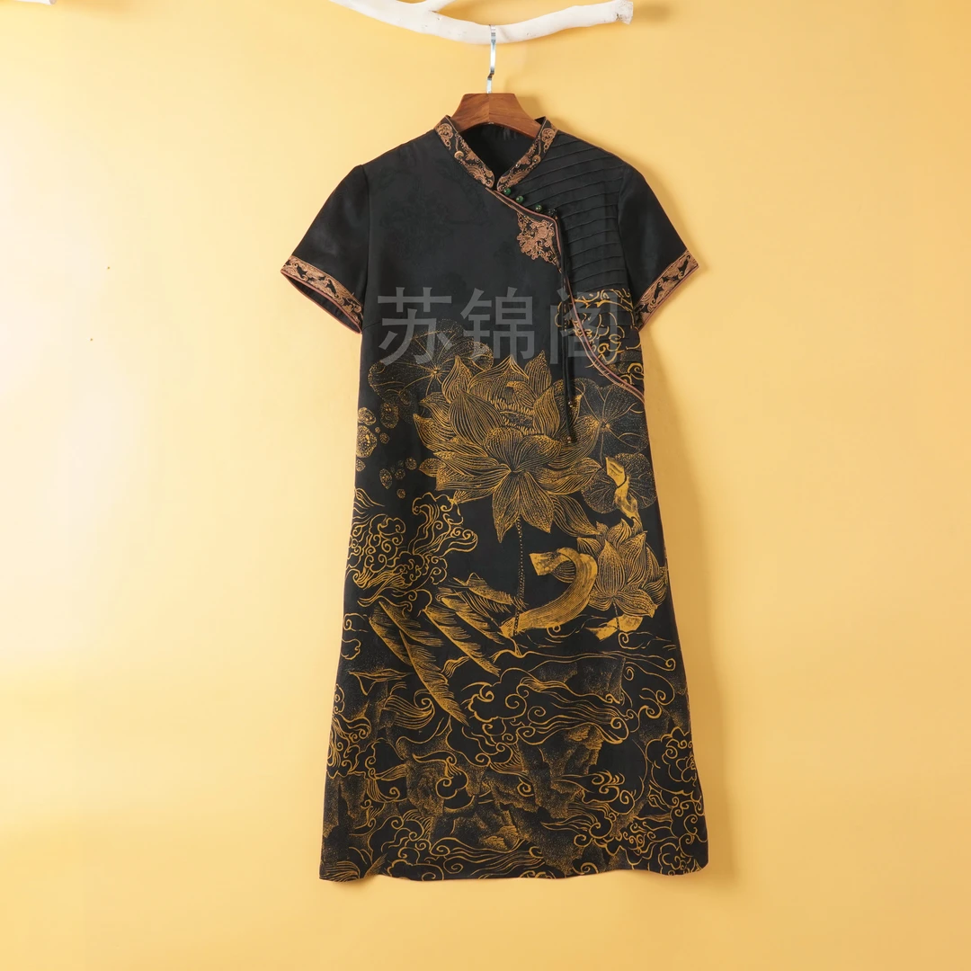 1008-5-811935香云纱桑蚕丝重磅刺绣2024爆款新款新中式连衣裙