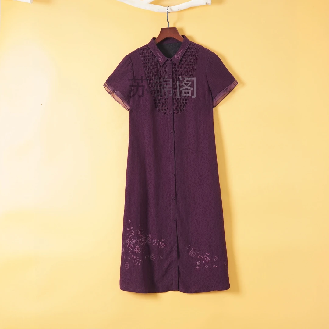 1237-25005百分百桑蚕丝高品质设计款桑蚕丝冠乐绉刺绣连衣裙