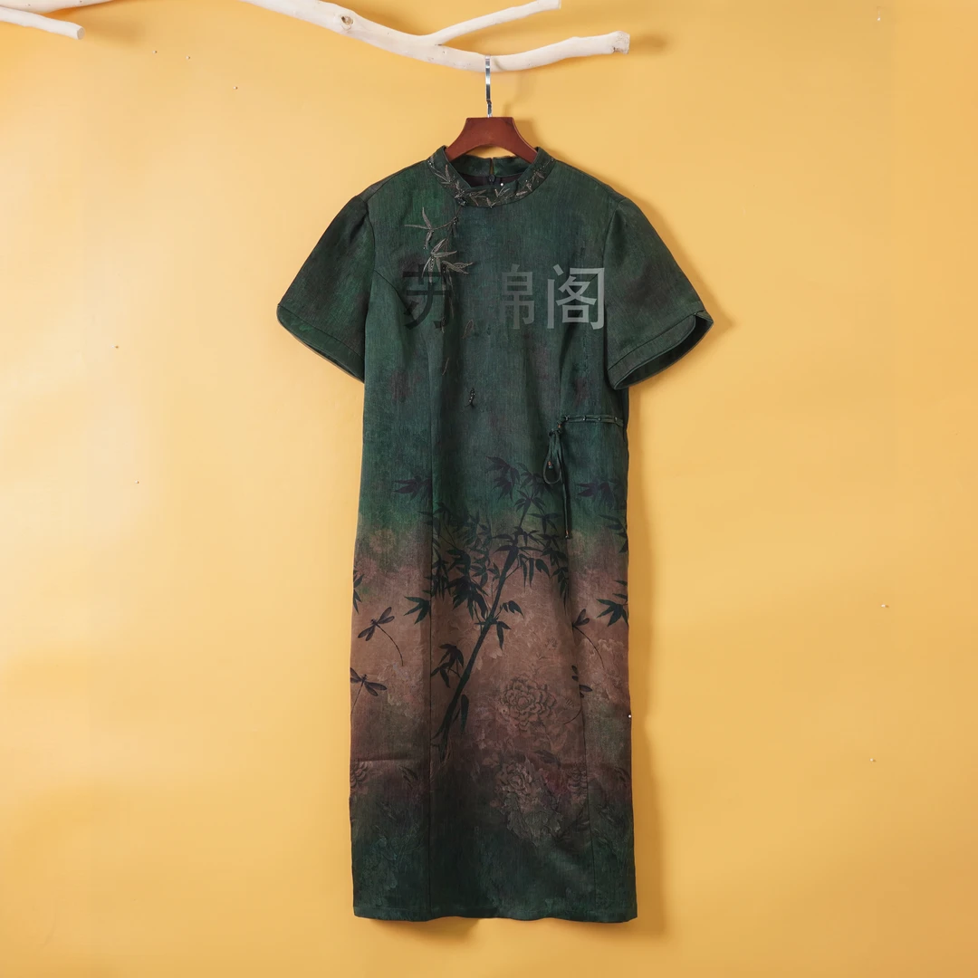 1362-2166刺绣渐变100桑蚕丝气质新中式夏季复古重磅中长款连衣裙