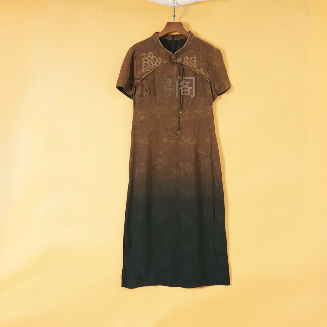 1263-68178高端高品质桑蚕丝减龄新款重磅香云纱花萝刺绣连衣裙