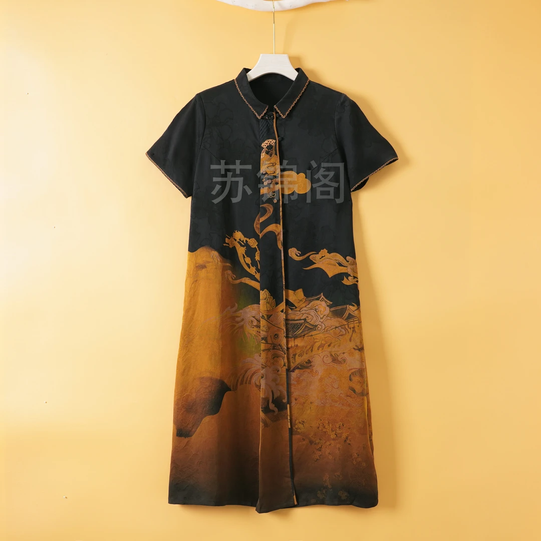 275-5-68176桑蚕丝香云纱花萝印花新中式2024爆款宽松连衣裙重磅