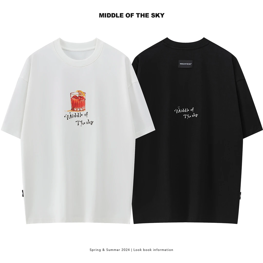 Middle of the sky夏季休闲宽松百搭前后印花圆领短袖男女同款