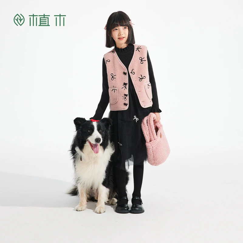 植木童装蝴蝶结女童马甲开衫2024新款秋冬马甲马甲洋气44O070164