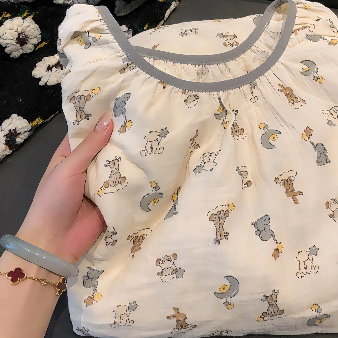 睡衣女春夏新款高级圆领甜美家居服睡裙少女可爱动物印花爆款睡裙