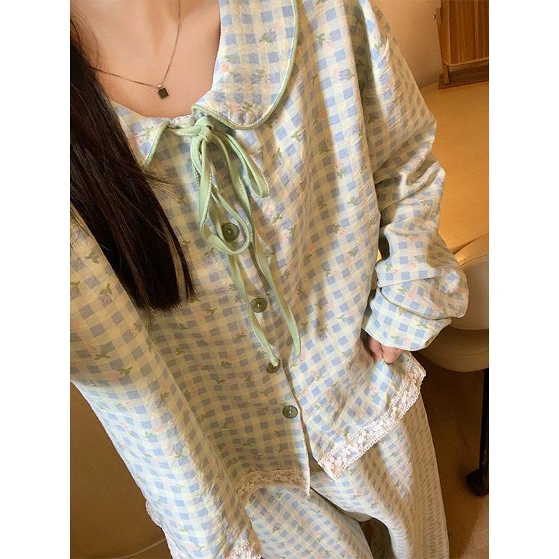 睡衣女春秋季韩版ins甜美娃娃领碎花千鸟格设计感家居服套装学生