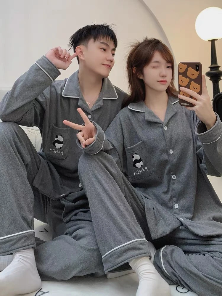 灰色熊猫情侣睡衣女秋冬季可爱熊猫德绒保暖宽松男士家居服两件套