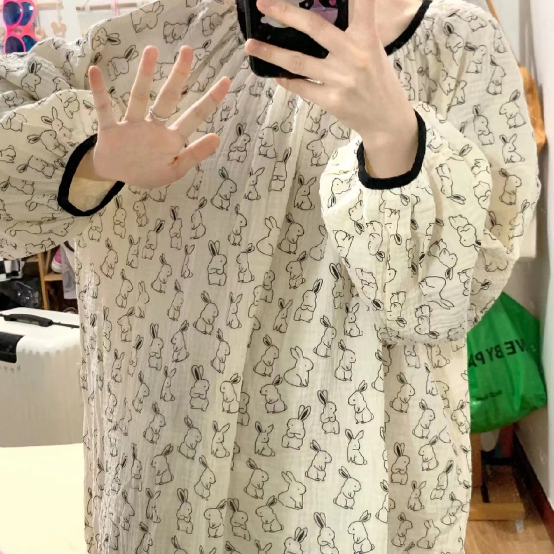 少女甜美可爱卡通网红兔子印花长袖睡裙女春秋宽松圆领可外穿睡裙