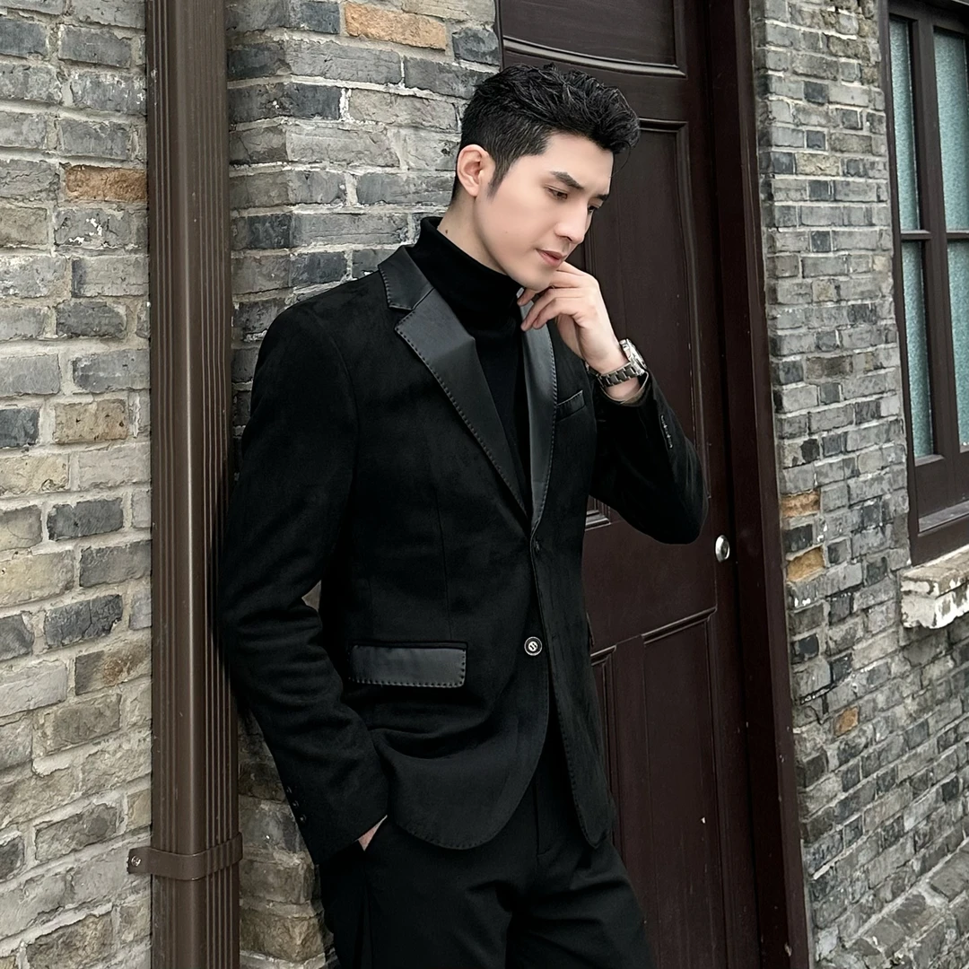 年终活动【维克多·弗恩】高级轻奢拼皮气质麂皮绒感西服上衣QX23650