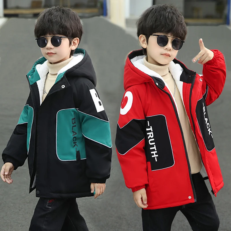 淘迪猫男童外套冬装加厚中长款棉服冬季韩版字母拼色加绒连帽外套