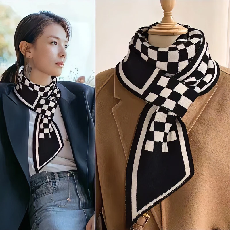 千鸟格小围巾女冬季高级感2023新款假领子百搭长条围巾护颈围脖套
