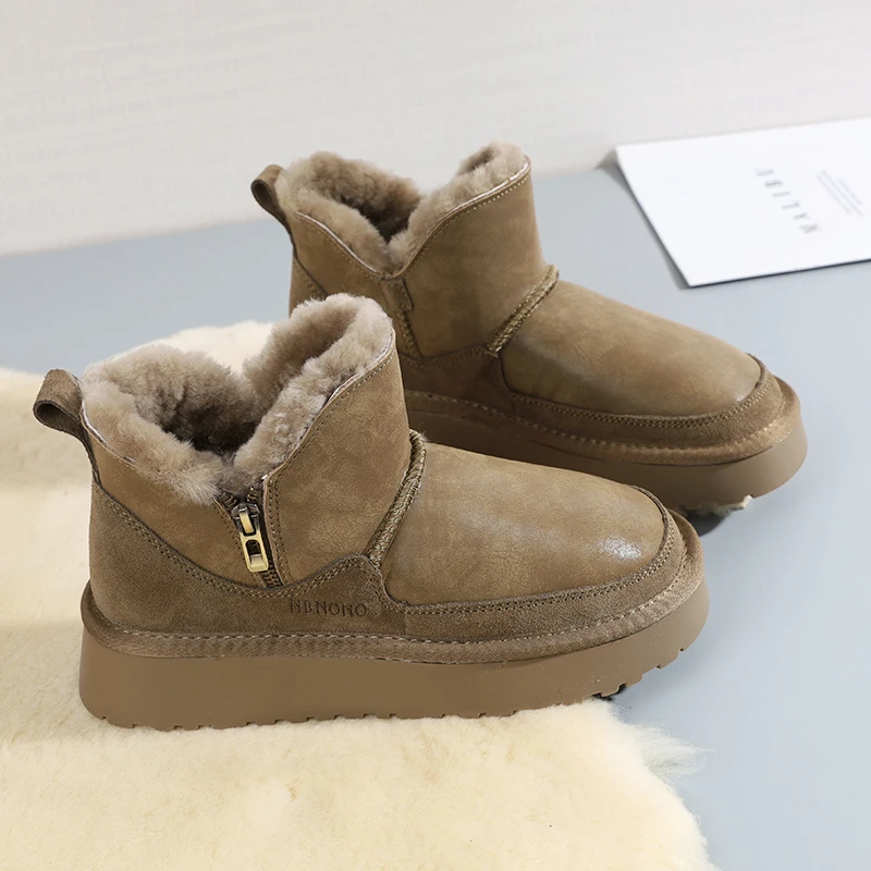 侧拉链雪地靴2023新款厚底加绒加厚保暖冬季皮毛一体牛皮棉鞋时尚