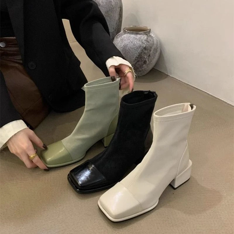 显瘦35-43码大码法式粗跟方头小短靴女鞋时尚洋气保暖百搭马丁靴