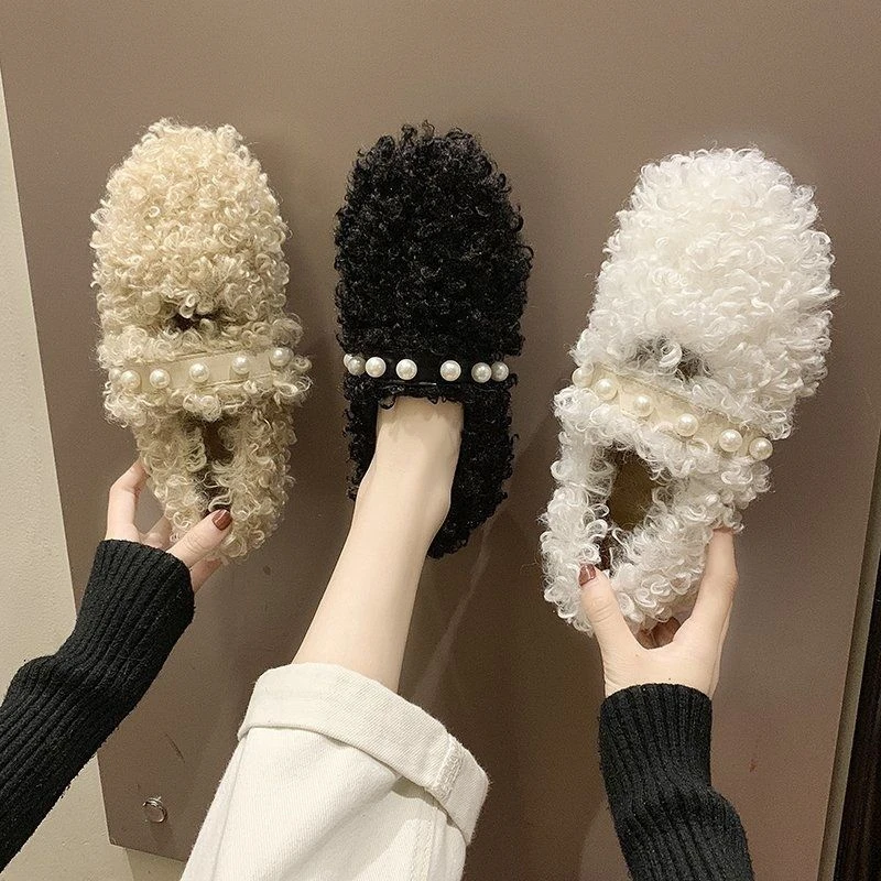 毛毛鞋女秋冬新款珍珠扣带羊卷毛豆豆鞋瓢鞋女舒适百搭女鞋绒时尚