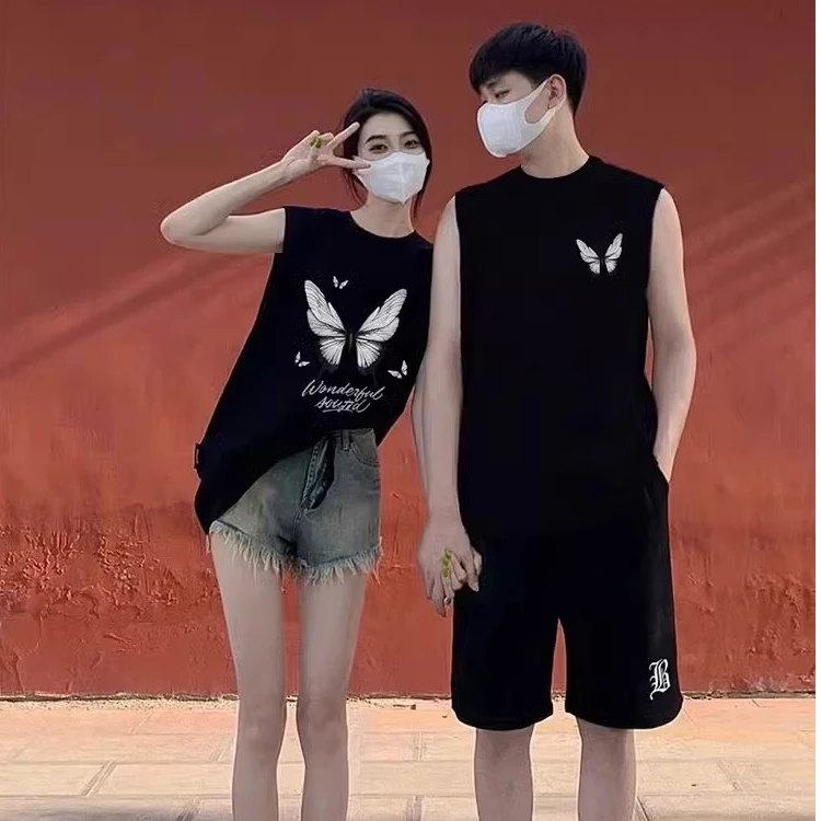 同色系无袖情侣装夏装一男一女潮流套装2024新款坎肩背心纯棉T恤