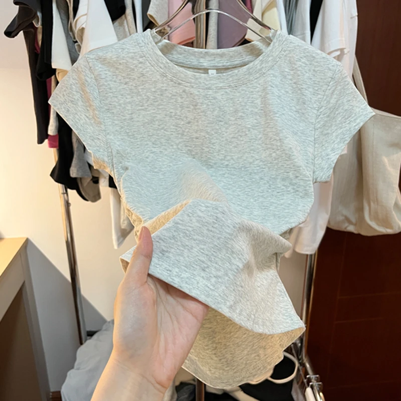 欧美纯色正肩t恤短袖女夏修身显瘦别致短款收腰时尚收腰上衣圆领
