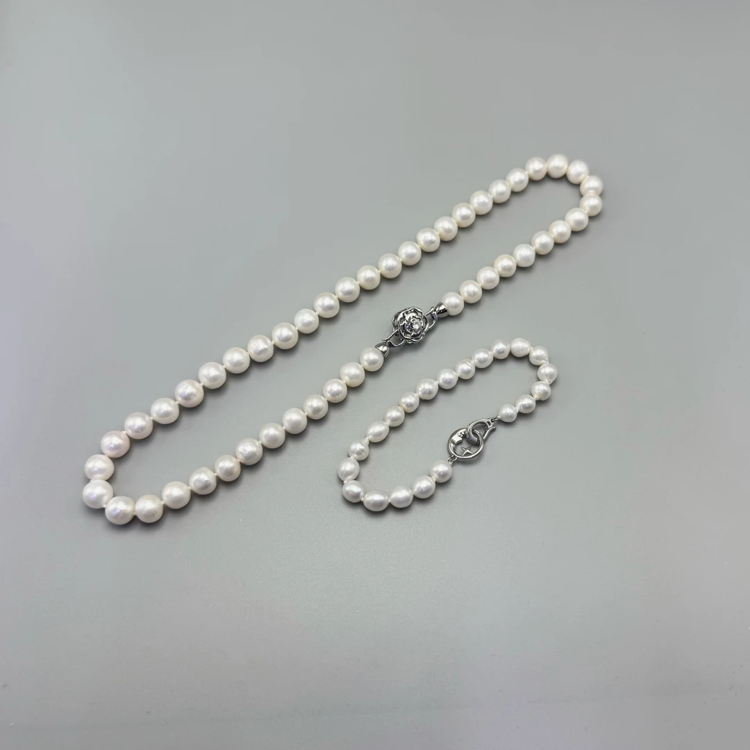 天然淡水【山茶花】白色珍珠项链7.5-9mm（赠珍珠手链）-THA127