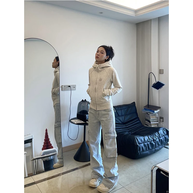 美式复古花灰色拉链开衫连帽卫衣女春秋修身显瘦设计感百搭外套潮
