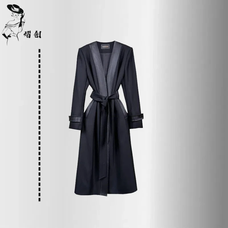 2025新款春秋时尚高端羊毛羊皮拼接修身风衣格子复古女风衣显瘦