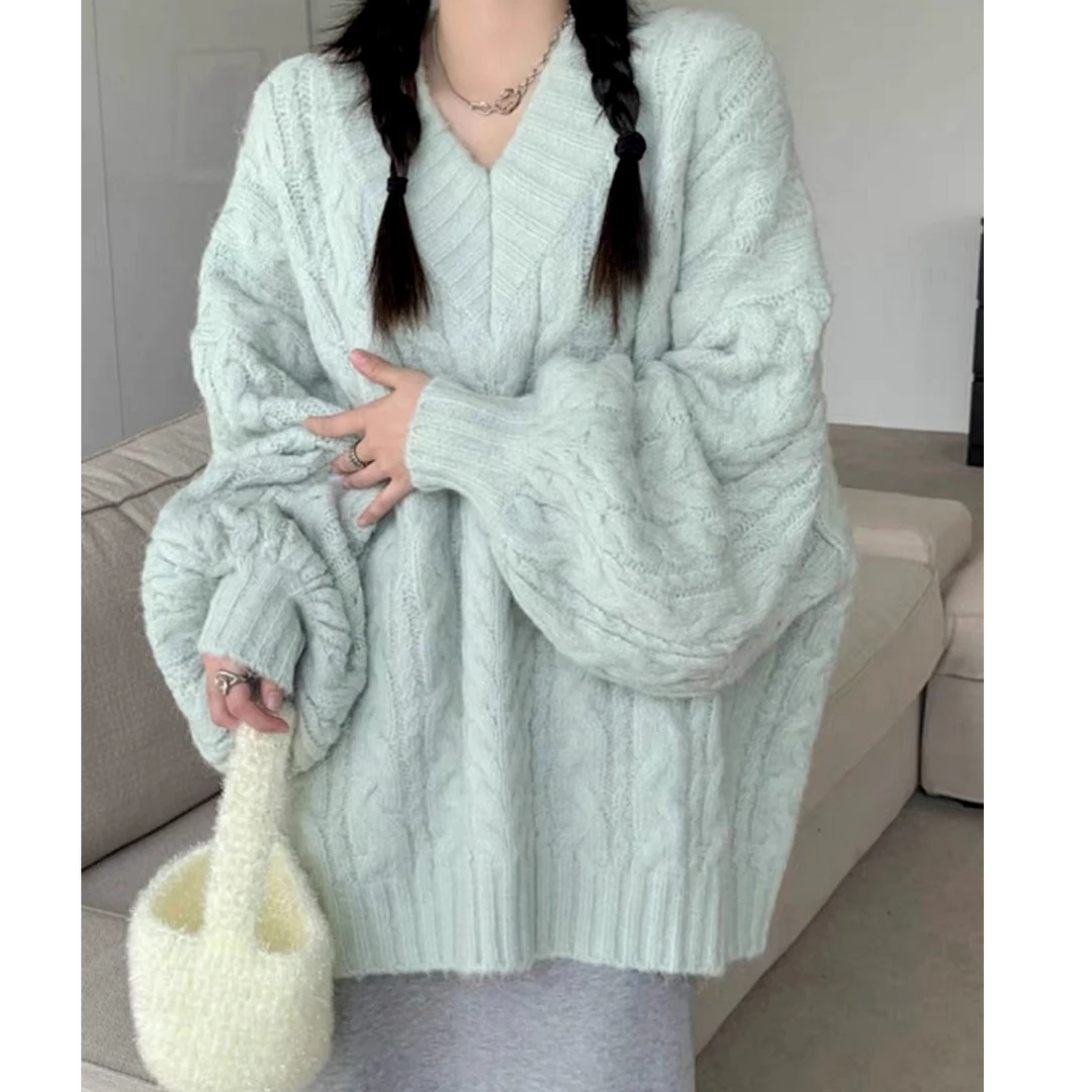 编号【961-1020】毛衣秋冬宽松慵懒加厚V领麻花针织套头上衣长袖