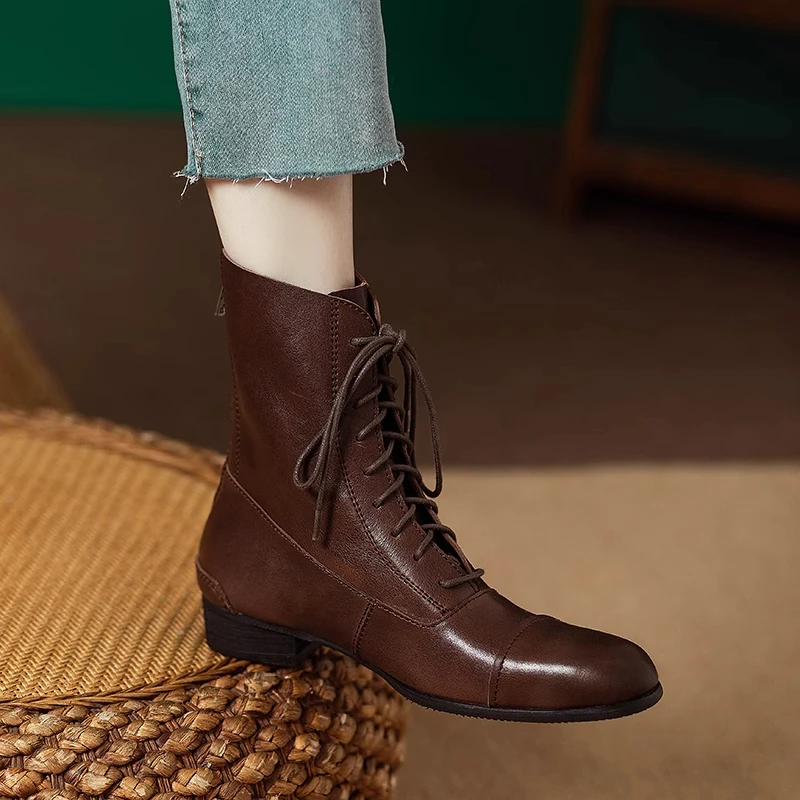 复古棕色系带马丁靴女粗跟秋冬新款英伦风真皮方头后拉链短靴靴子