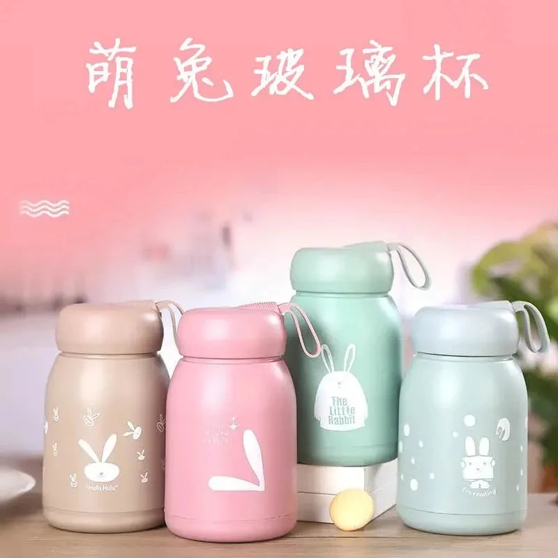 韩版时尚卡通萌兔玻璃杯清新高颜值水杯便携双层隔热杯子小巧防烫