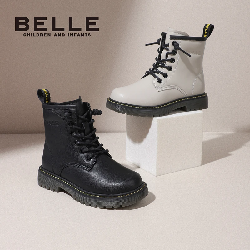 百丽童鞋秋冬新款加绒男童英伦风马丁靴百搭时尚女童皮靴子DE3077