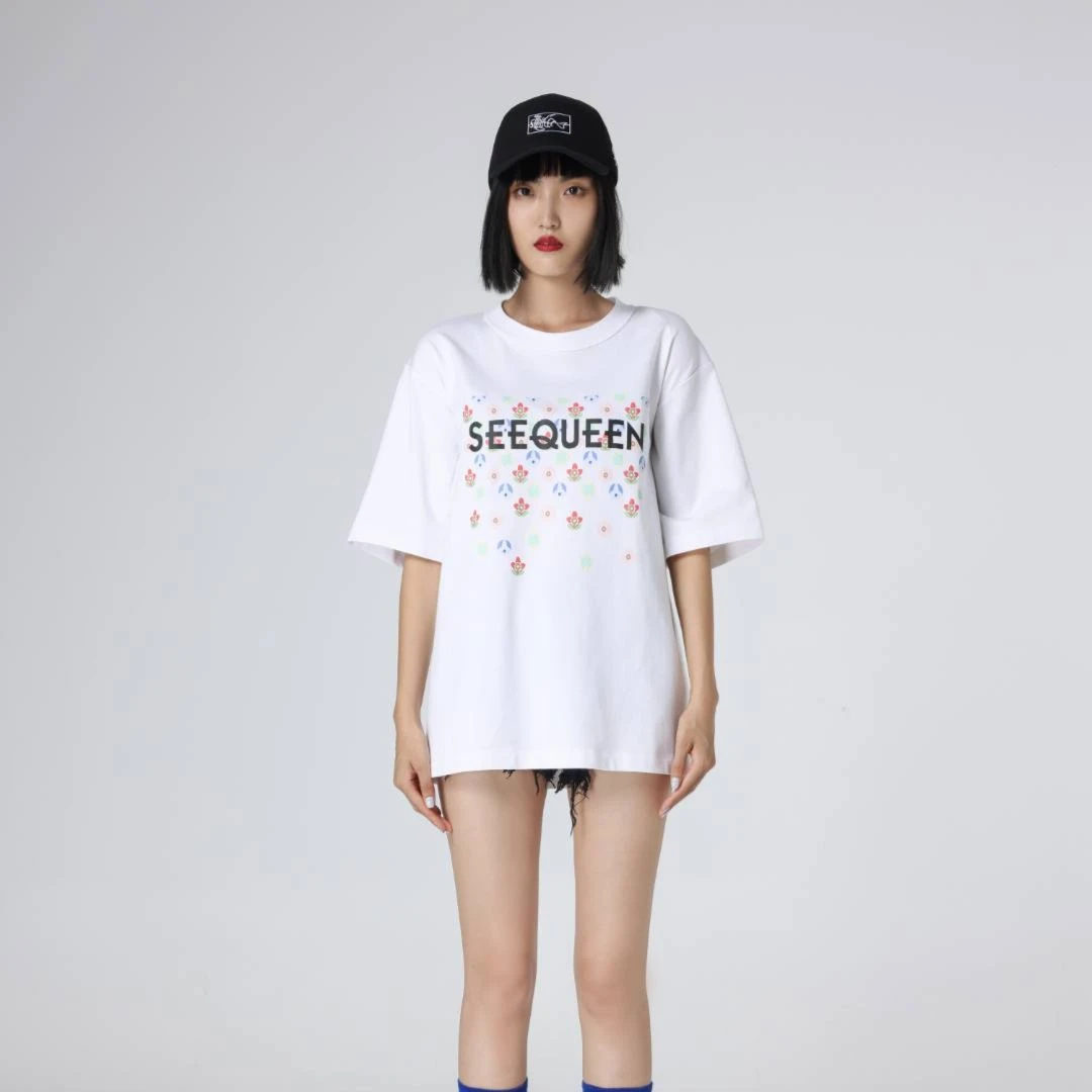 SEEQUEEN女王新款领域之花四季高克重全棉圆领短袖T恤