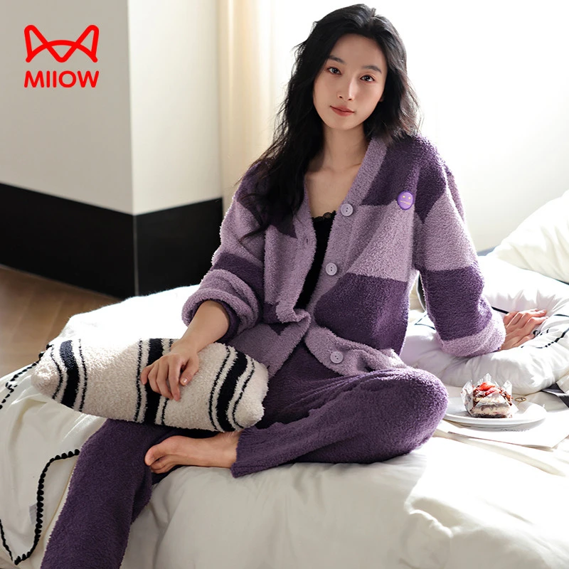猫人睡衣2025新款半边绒加绒加厚女款冬季可居家可外穿家居服套装
