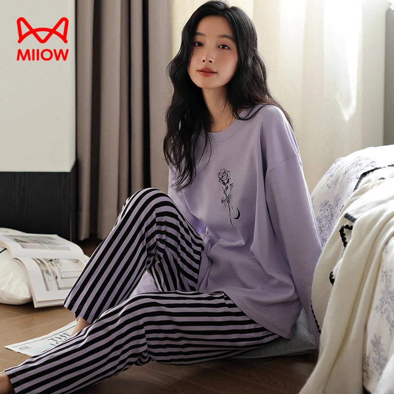（高支纯棉）猫人睡衣女春秋季新款女士胸垫款长袖长裤家居服套装