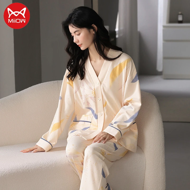 MIIOW/猫人纯棉睡衣女士春秋季长袖开衫高档棉质秋冬天家居服套装
