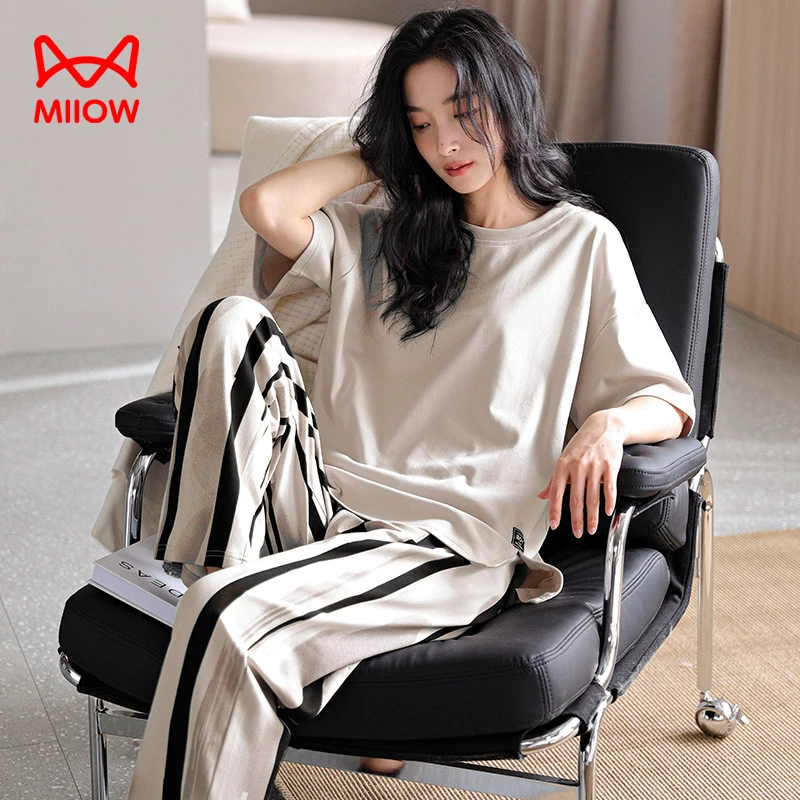 猫人经典纯棉睡衣女士夏季宽松圆领短袖长裤休闲可外穿家居服套装