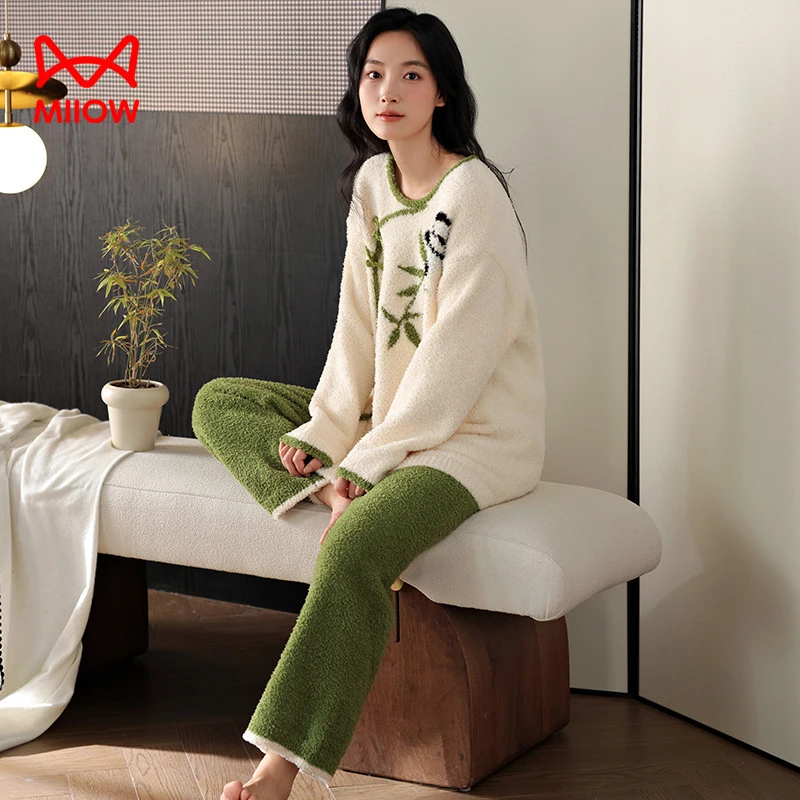 猫人女士睡衣半边绒保暖大码长袖长裤秋冬季宽松舒适女家居服套装