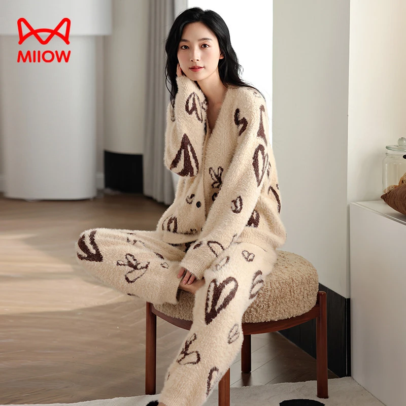 猫人睡衣冬季女士半边绒加绒加厚保暖家居服秋冬可外穿珊瑚绒套装