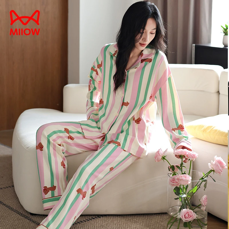 猫人春秋款女款多巴胺条纹睡衣2025新款开衫长袖长裤可外穿家居服