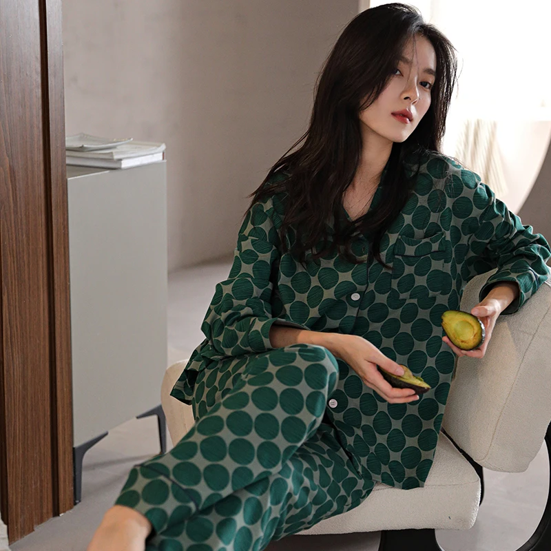 猫人波点睡衣女春秋季纯棉长袖开衫翻领高级感秋冬新款家居服套装